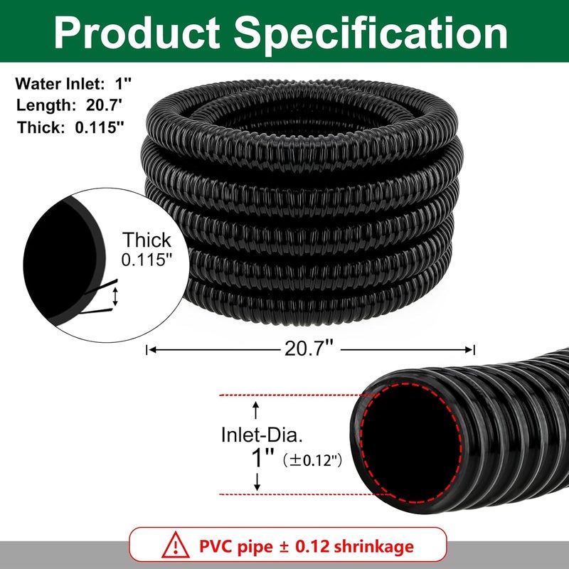 Longrun Pond Tubing 1 Inch Diameter, 20.7 Feet Long Corrugated Flexible Hose Pipe with Clamps Pipe Fittings, Pool PVC Tube for Garden Ponds Waterfalls Camping Caravans Filters Drainage Marine - Image 3